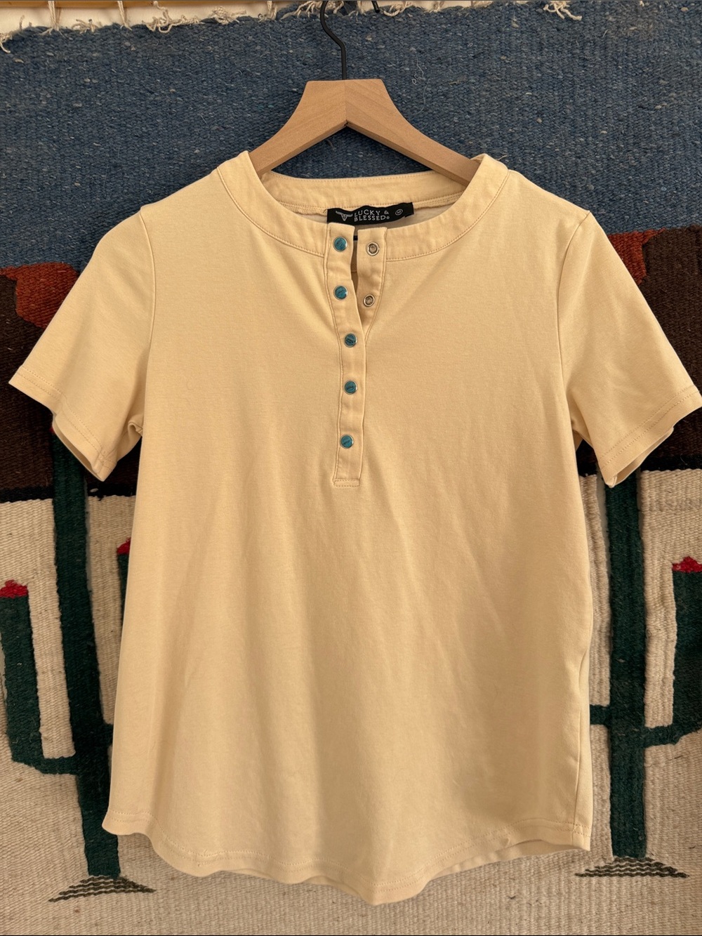 Lucky Brand Cream Short Sleeve Henley with Turquoise Buttons
